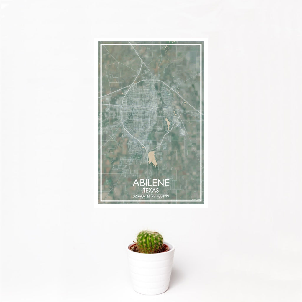 12x18 ABILENE Texas Map Print Portrait Orientation in Afternoon Style With Small Cactus Plant in White Planter