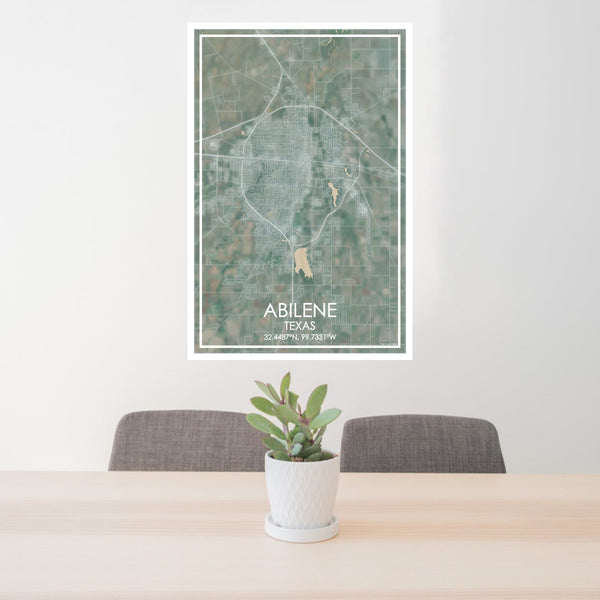 24x36 ABILENE Texas Map Print Portrait Orientation in Afternoon Style Behind 2 Chairs Table and Potted Plant