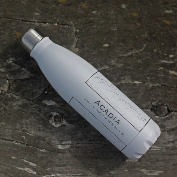 Acadia National Park Custom Engraved City Map Inscription Coordinates on 17oz Stainless Steel Insulated Cola Bottle in White