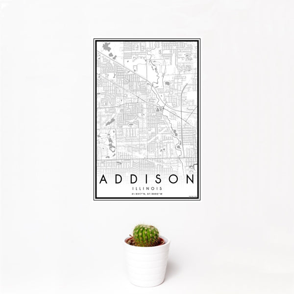12x18 Addison Illinois Map Print Portrait Orientation in Classic Style With Small Cactus Plant in White Planter
