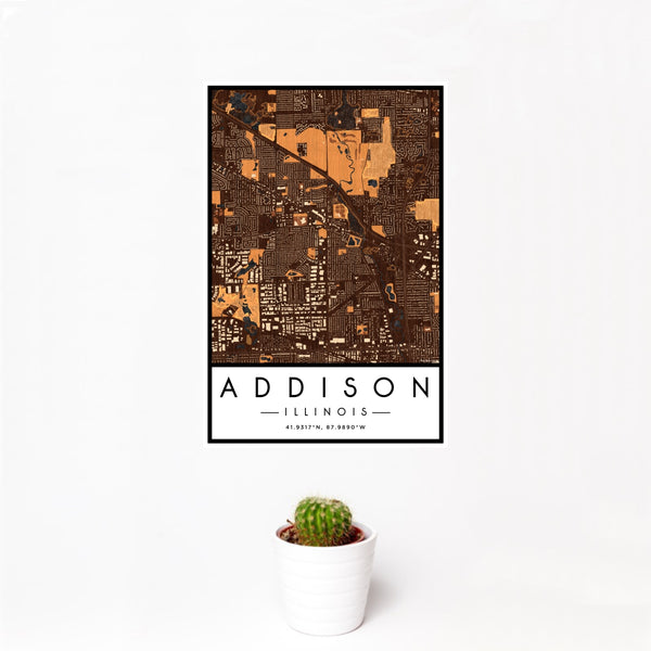12x18 Addison Illinois Map Print Portrait Orientation in Ember Style With Small Cactus Plant in White Planter