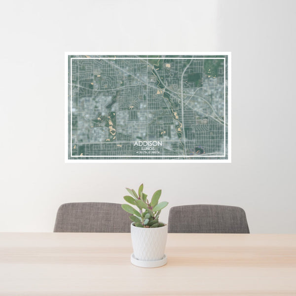 24x36 Addison Illinois Map Print Lanscape Orientation in Afternoon Style Behind 2 Chairs Table and Potted Plant