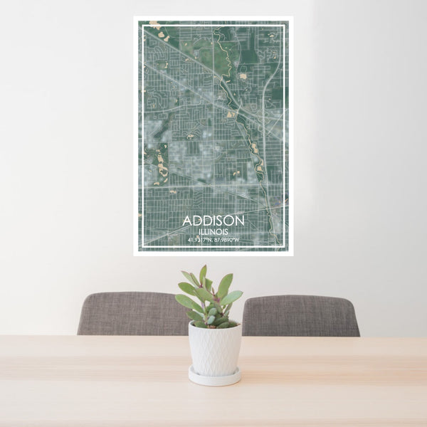 24x36 Addison Illinois Map Print Portrait Orientation in Afternoon Style Behind 2 Chairs Table and Potted Plant