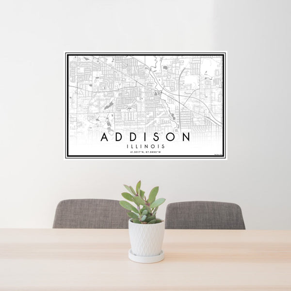 24x36 Addison Illinois Map Print Lanscape Orientation in Classic Style Behind 2 Chairs Table and Potted Plant