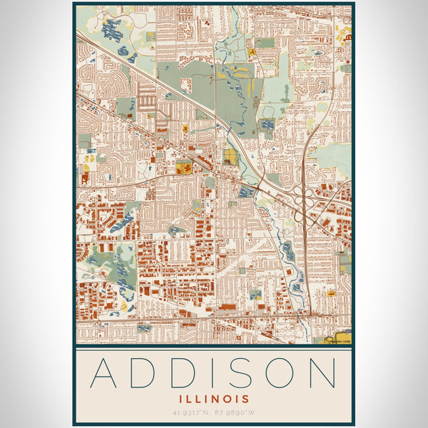 Addison Illinois Map Print Portrait Orientation in Woodblock Style With Shaded Background