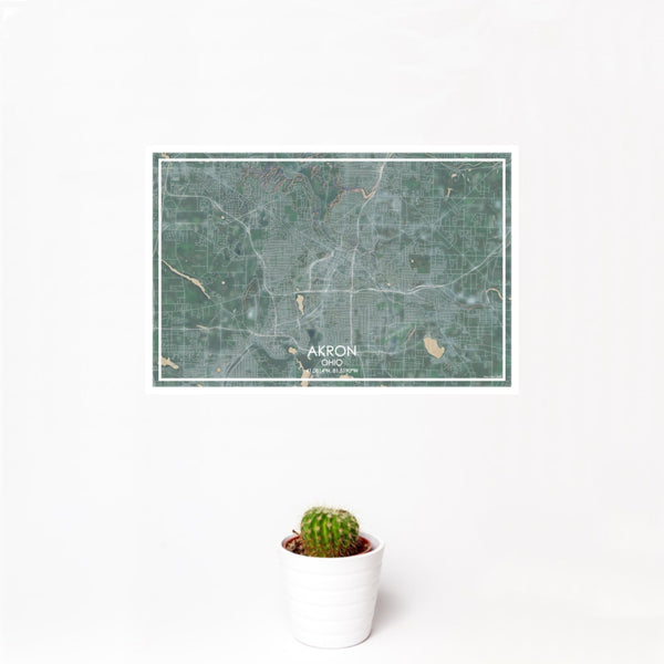 12x18 AKRON Ohio Map Print Landscape Orientation in Afternoon Style With Small Cactus Plant in White Planter