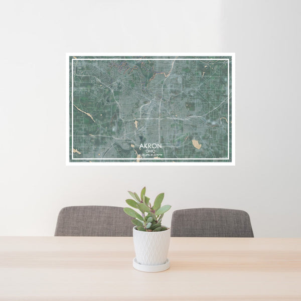 24x36 AKRON Ohio Map Print Lanscape Orientation in Afternoon Style Behind 2 Chairs Table and Potted Plant
