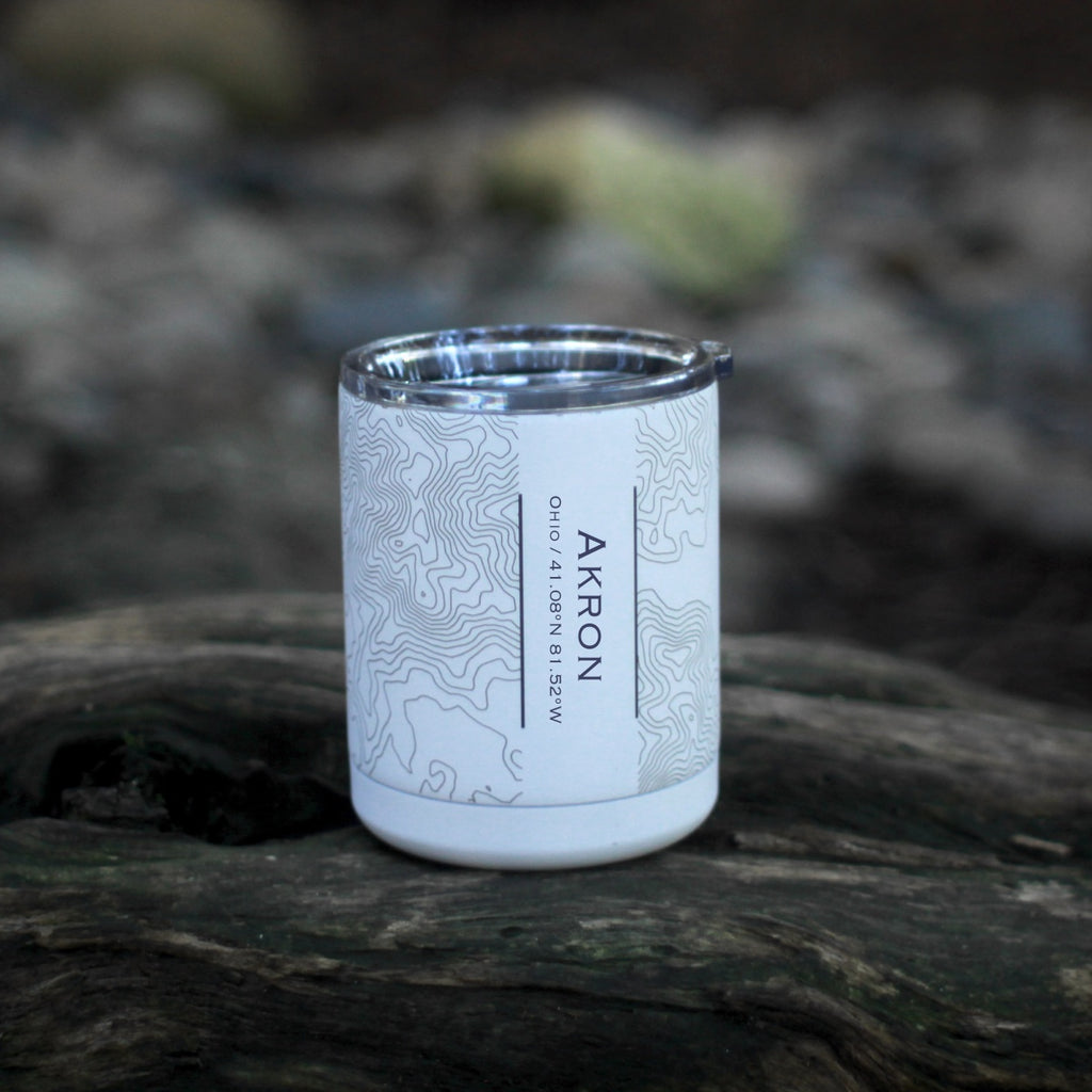 Akron Ohio Custom Engraved City Map Inscription Coordinates on 10oz Stainless Steel Insulated Cup with Sliding Lid in White