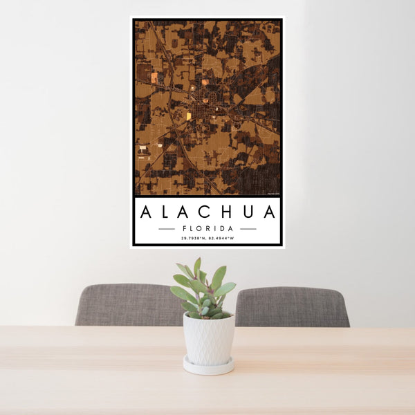 24x36 Alachua Florida Map Print Portrait Orientation in Ember Style Behind 2 Chairs Table and Potted Plant