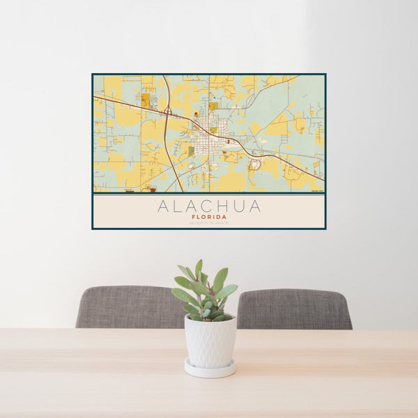 24x36 Alachua Florida Map Print Lanscape Orientation in Woodblock Style Behind 2 Chairs Table and Potted Plant