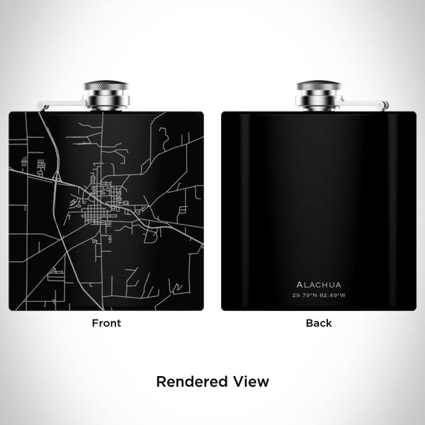 Rendered View of Alachua Florida Map Engraving on 6oz Stainless Steel Flask in Black