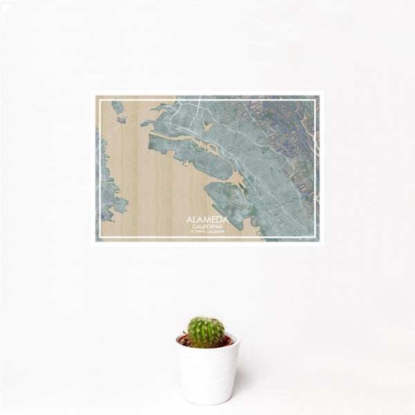 12x18 ALAMEDA California Map Print Landscape Orientation in Afternoon Style With Small Cactus Plant in White Planter