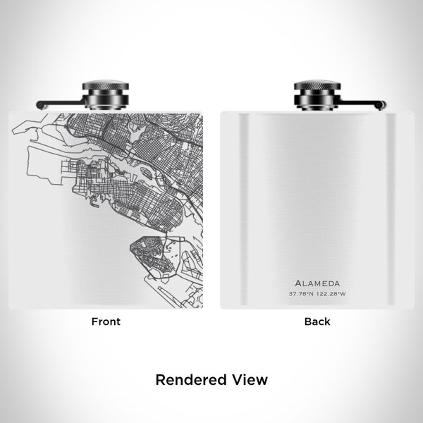 Rendered View of Alameda California Map Engraving on 6oz Stainless Steel Flask in White