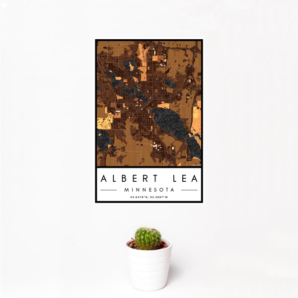 12x18 Albert Lea Minnesota Map Print Portrait Orientation in Ember Style With Small Cactus Plant in White Planter