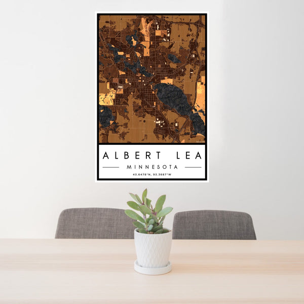 24x36 Albert Lea Minnesota Map Print Portrait Orientation in Ember Style Behind 2 Chairs Table and Potted Plant