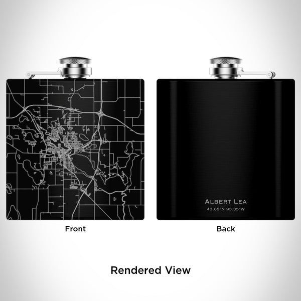Rendered View of Albert Lea Minnesota Map Engraving on 6oz Stainless Steel Flask in Black
