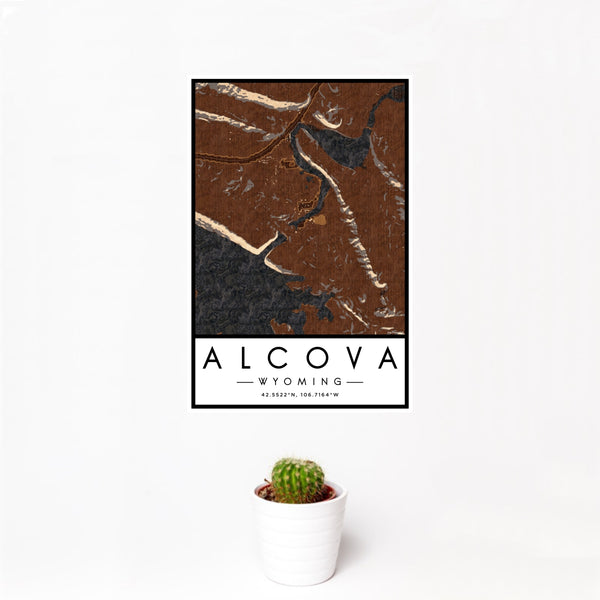 12x18 Alcova Wyoming Map Print Portrait Orientation in Ember Style With Small Cactus Plant in White Planter