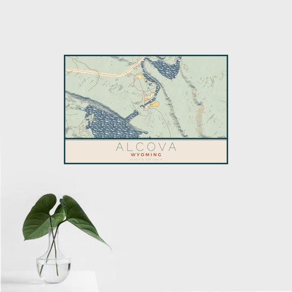 16x24 Alcova Wyoming Map Print Landscape Orientation in Woodblock Style With Tropical Plant Leaves in Water