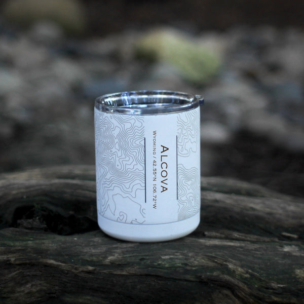 Alcova Wyoming Custom Engraved City Map Inscription Coordinates on 10oz Stainless Steel Insulated Cup with Sliding Lid in White