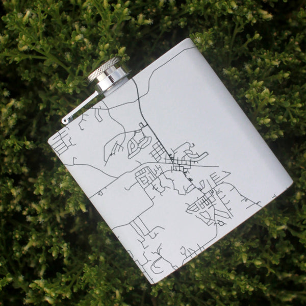 Aledo Texas Custom Engraved City Map Inscription Coordinates on 6oz Stainless Steel Flask in White
