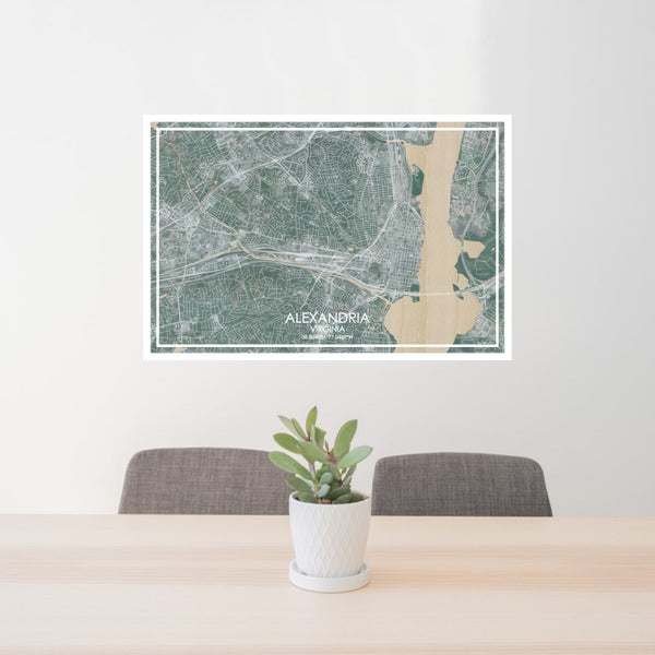 24x36 ALEXANDRIA Virginia Map Print Lanscape Orientation in Afternoon Style Behind 2 Chairs Table and Potted Plant
