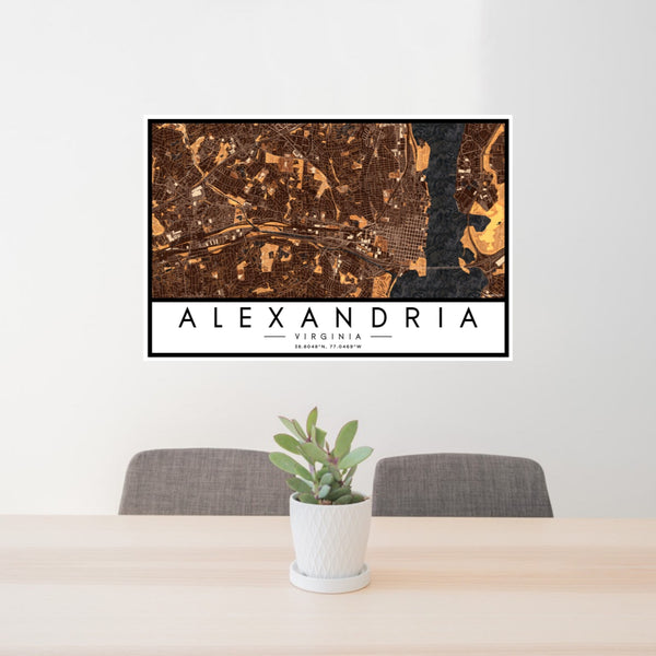 24x36 Alexandria Virginia Map Print Landscape Orientation in Ember Style Behind 2 Chairs Table and Potted Plant