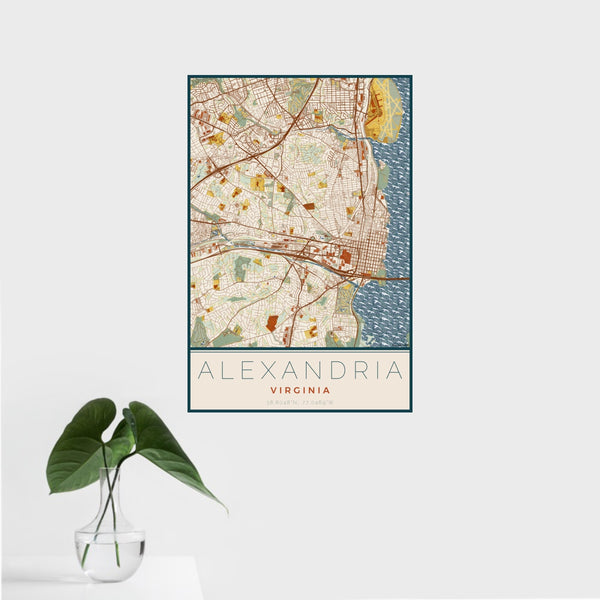 16x24 Alexandria Virginia Map Print Portrait Orientation in Woodblock Style With Tropical Plant Leaves in Water