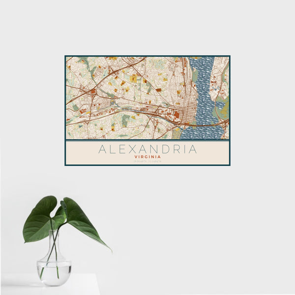 16x24 Alexandria Virginia Map Print Landscape Orientation in Woodblock Style With Tropical Plant Leaves in Water