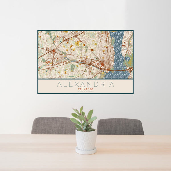 24x36 Alexandria Virginia Map Print Landscape Orientation in Woodblock Style Behind 2 Chairs Table and Potted Plant