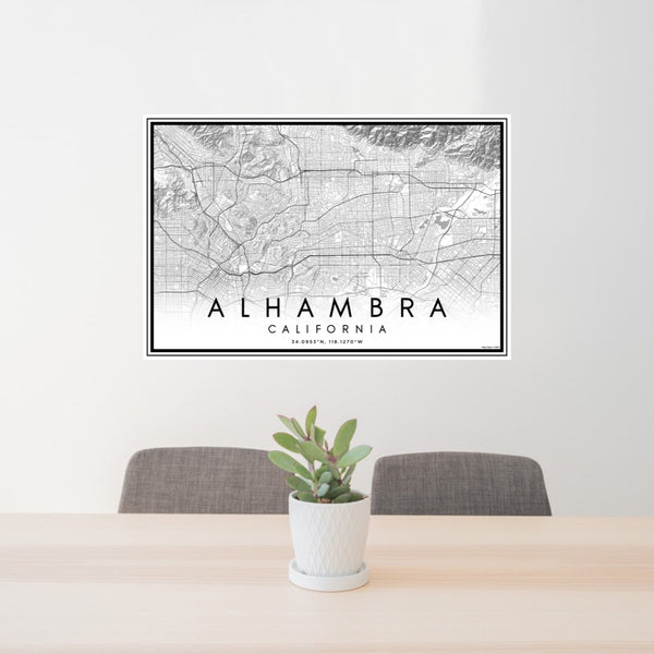 24x36 Alhambra California Map Print Lanscape Orientation in Classic Style Behind 2 Chairs Table and Potted Plant