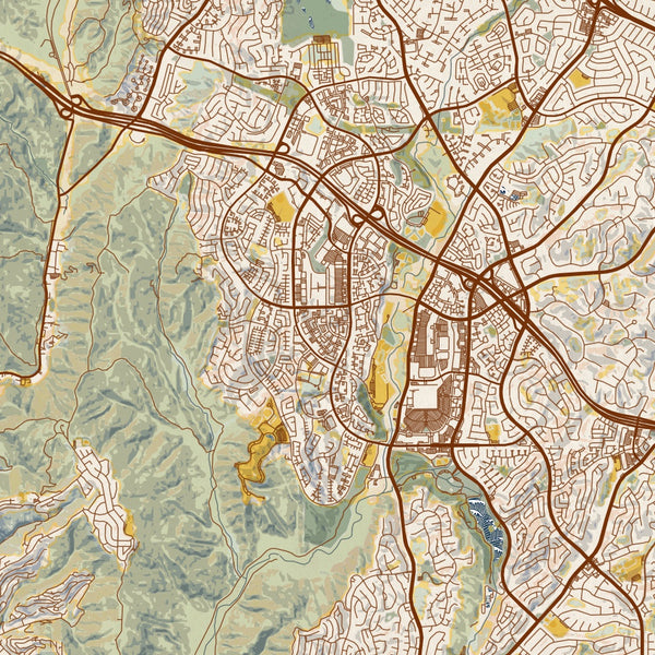 Aliso Viejo California Map Print in Woodblock Style Zoomed In Close Up Showing Details