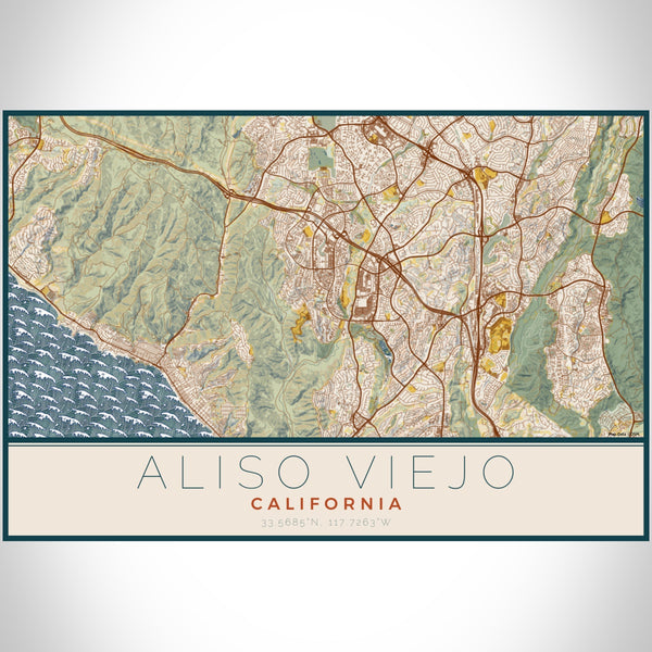 Aliso Viejo California Map Print Landscape Orientation in Woodblock Style With Shaded Background