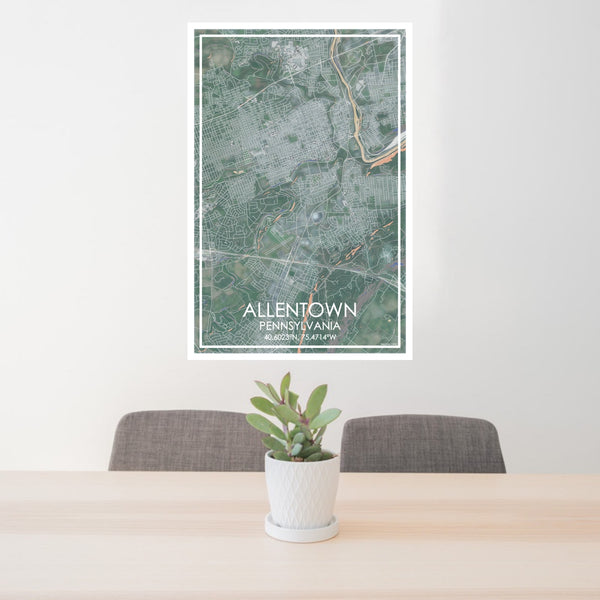 24x36 Allentown Pennsylvania Map Print Portrait Orientation in Afternoon Style Behind 2 Chairs Table and Potted Plant