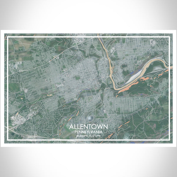 Allentown Pennsylvania Map Print Landscape Orientation in Afternoon Style With Shaded Background