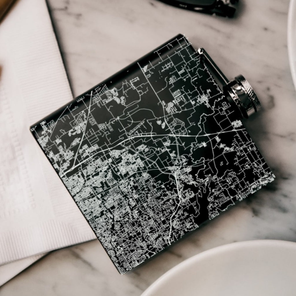 Alliance Texas Custom Engraved City Map Inscription Coordinates on 6oz Stainless Steel Flask in Black