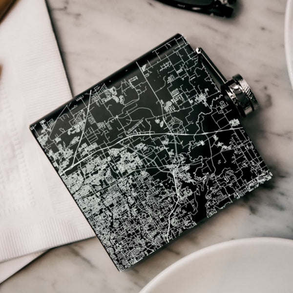 Alliance Texas Custom Engraved City Map Inscription Coordinates on 6oz Stainless Steel Flask in Black
