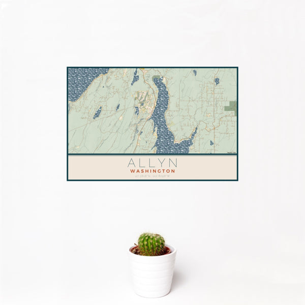 12x18 Allyn Washington Map Print Landscape Orientation in Woodblock Style With Small Cactus Plant in White Planter