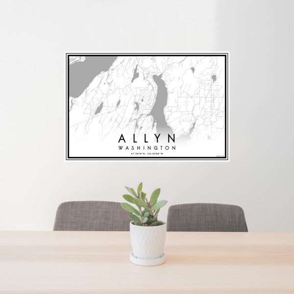 24x36 Allyn Washington Map Print Lanscape Orientation in Classic Style Behind 2 Chairs Table and Potted Plant