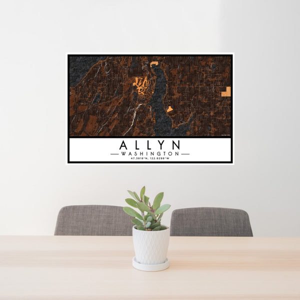24x36 Allyn Washington Map Print Lanscape Orientation in Ember Style Behind 2 Chairs Table and Potted Plant
