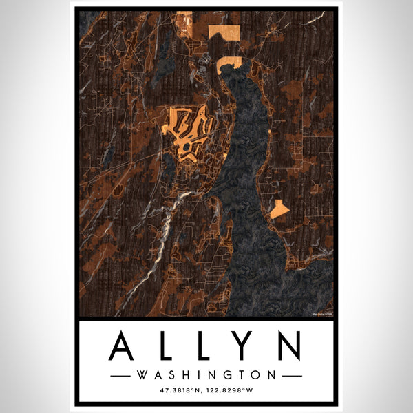 Allyn Washington Map Print Portrait Orientation in Ember Style With Shaded Background