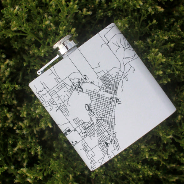 Alpena Michigan Custom Engraved City Map Inscription Coordinates on 6oz Stainless Steel Flask in White