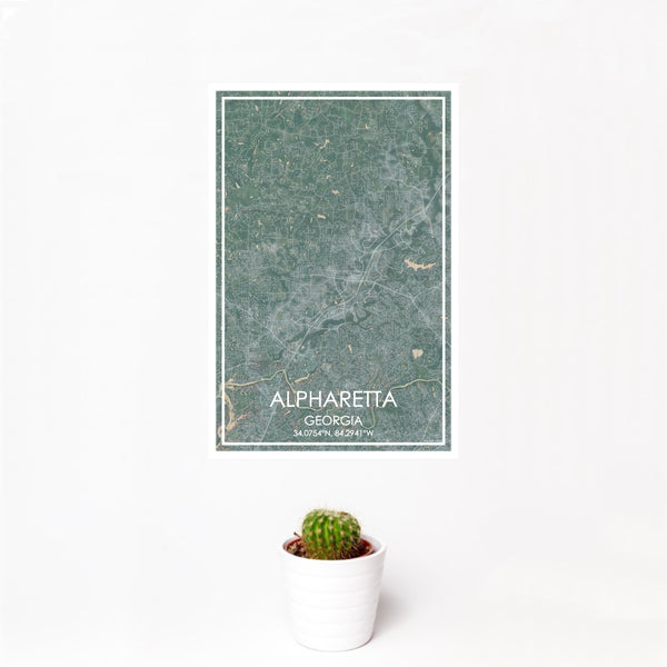 12x18 Alpharetta Georgia Map Print Portrait Orientation in Afternoon Style With Small Cactus Plant in White Planter