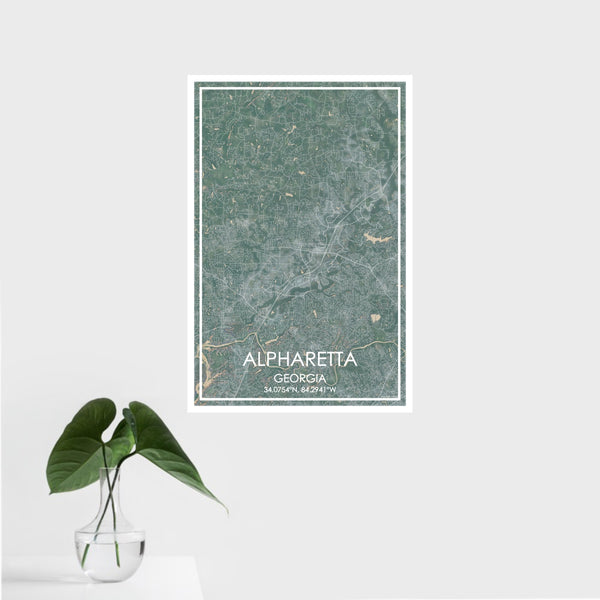 16x24 Alpharetta Georgia Map Print Portrait Orientation in Afternoon Style With Tropical Plant Leaves in Water