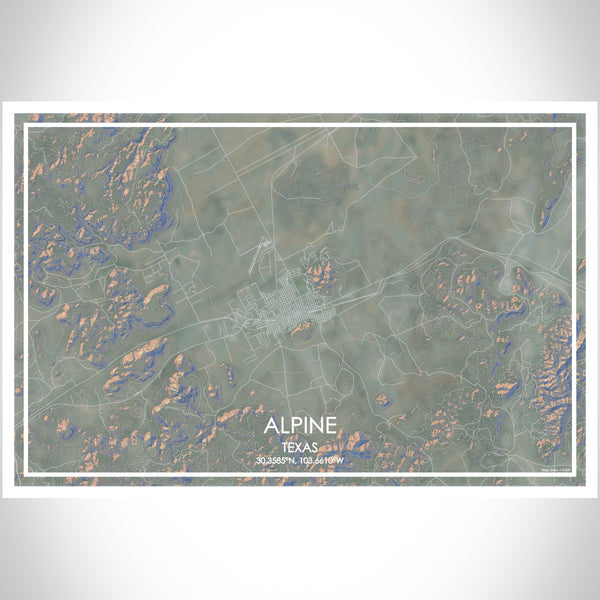 Alpine Texas Map Print Landscape Orientation in Afternoon Style With Shaded Background