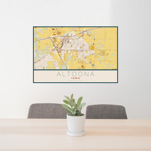 24x36 Altoona Iowa Map Print Lanscape Orientation in Woodblock Style Behind 2 Chairs Table and Potted Plant
