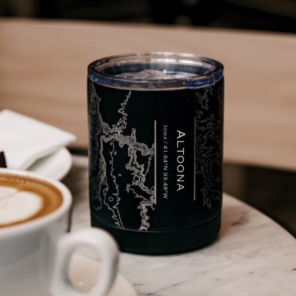 Altoona Iowa Custom Engraved City Map Inscription Coordinates on 10oz Stainless Steel Insulated Cup with Sliding Lid in Black
