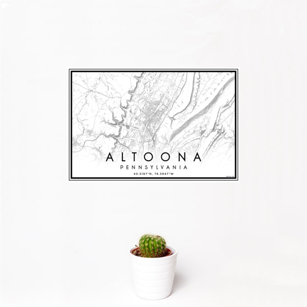 12x18 Altoona Pennsylvania Map Print Landscape Orientation in Classic Style With Small Cactus Plant in White Planter