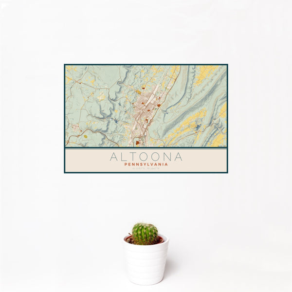 12x18 Altoona Pennsylvania Map Print Landscape Orientation in Woodblock Style With Small Cactus Plant in White Planter