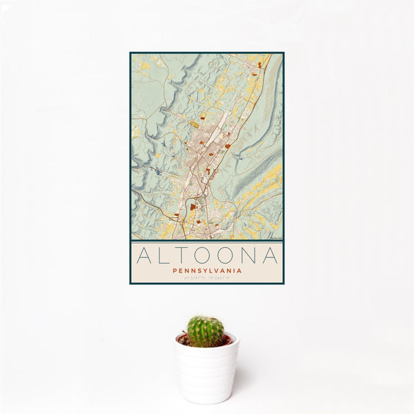 12x18 Altoona Pennsylvania Map Print Portrait Orientation in Woodblock Style With Small Cactus Plant in White Planter