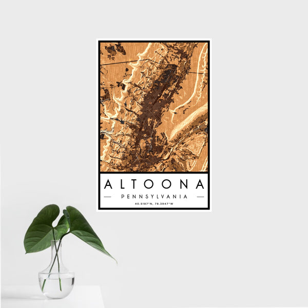 16x24 Altoona Pennsylvania Map Print Portrait Orientation in Ember Style With Tropical Plant Leaves in Water